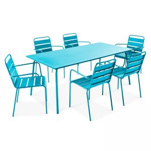 Ensemble table de jardin et 6 fauteuils en métal bleu