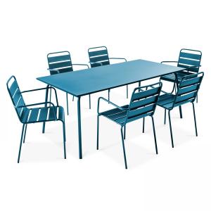 Ensemble table de jardin et 6 fauteuils en métal bleu pacif…