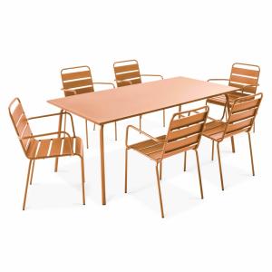 Ensemble table de jardin et 6 fauteuils en métal Caramel