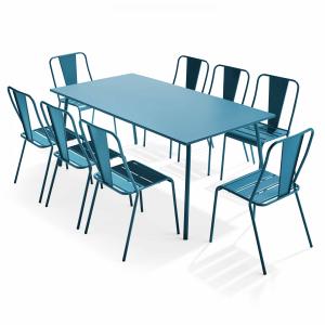 Ensemble table de jardin et 8 chaises bistrot en acier bleu…