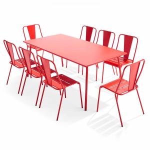 Ensemble table de jardin et 8 chaises bistrot en acier rouge