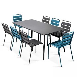 Ensemble table de jardin et 8 chaises en métal gris et bleu…