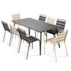 Ensemble table de jardin et 8 chaises en métal gris et ivoi…