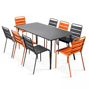 Ensemble table de jardin et 8 chaises en métal gris et oran…