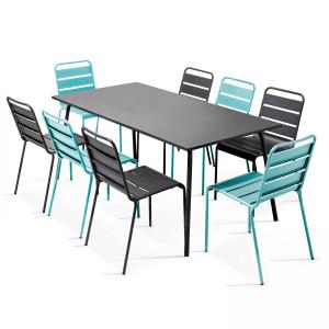 Ensemble table de jardin et 8 chaises en métal gris et turq…