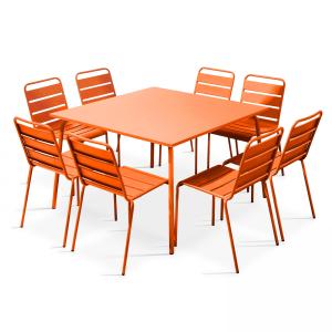 Ensemble table de jardin et 8 chaises en métal orange
