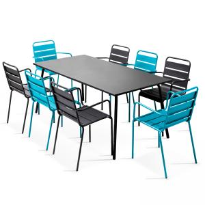 Ensemble table de jardin et 8 fauteuils en métal bleu et gr…
