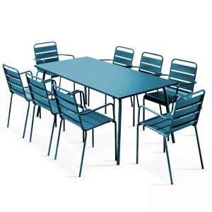 Ensemble table de jardin et 8 fauteuils en métal bleu pacif…