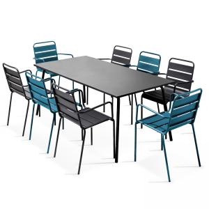 Ensemble table de jardin et 8 fauteuils en métal bleu pacif…