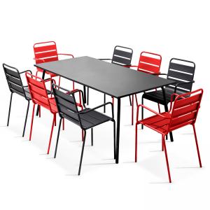 Ensemble table de jardin et 8 fauteuils en métal rouge et g…