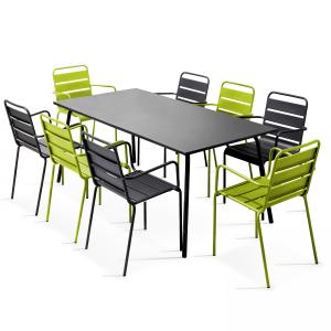 Ensemble table de jardin et 8 fauteuils en métal vert et gr…
