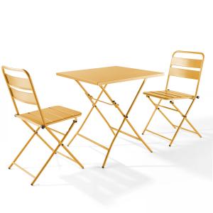 Ensemble table de jardin pliante et 2 chaises acier jaune