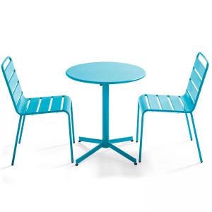 Ensemble table de jardin ronde et 2 chaises métal bleu