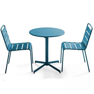 Ensemble table de jardin ronde et 2 chaises métal bleu paci…