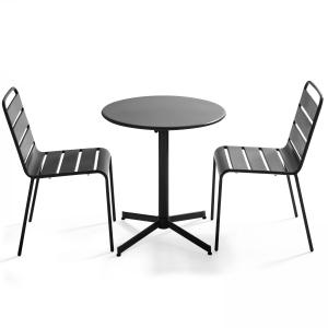 Ensemble table de jardin ronde et 2 chaises métal gris