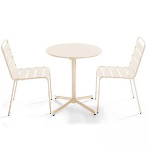 Ensemble table de jardin ronde et 2 chaises métal ivoire
