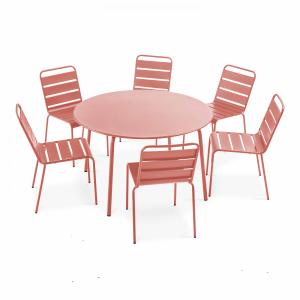 Ensemble table de jardin ronde et 6 chaises en métal argile