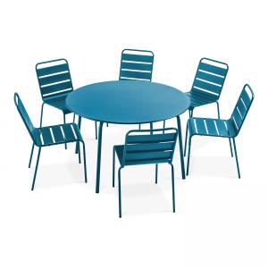 Ensemble table de jardin ronde et 6 chaises en métal bleu p…
