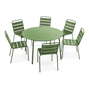 Ensemble table de jardin ronde et 6 chaises en métal vert c…