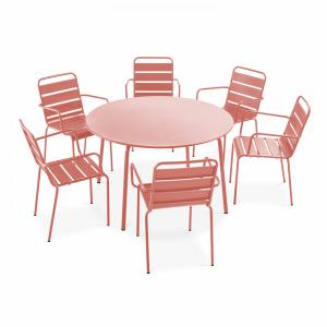 Ensemble table de jardin ronde et 6 fauteuils acier argile
