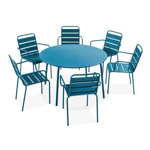 Ensemble table de jardin ronde et 6 fauteuils acier bleu pa…