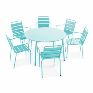 Ensemble table de jardin ronde et 6 fauteuils acier turquoi…