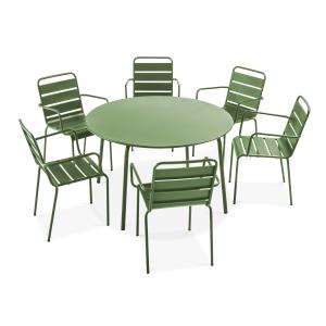 Ensemble table de jardin ronde et 6 fauteuils acier vert ca…
