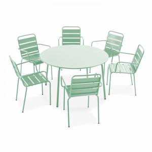 Ensemble table de jardin ronde et 6 fauteuils acier vert sa…