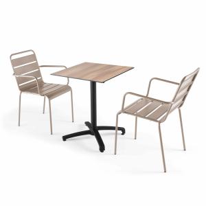 Ensemble table de jardin stratifié chêne foncé et 2 fauteui…