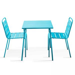 Ensemble table de terrasse carrée et 2 chaises acier bleu