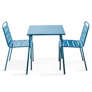 Ensemble table de terrasse carrée et 2 chaises acier bleu p…