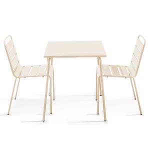 Ensemble table de terrasse carrée et 2 chaises acier ivoire