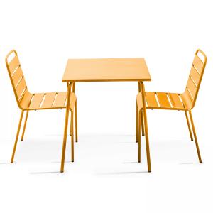 Ensemble table de terrasse carrée et 2 chaises acier jaune