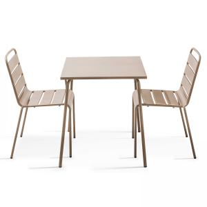 Ensemble table de terrasse carrée et 2 chaises acier taupe