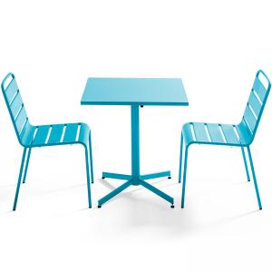 Ensemble table de terrasse carrée et 2 chaises métal bleu