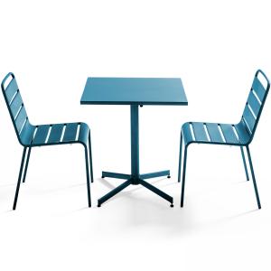 Ensemble table de terrasse carrée et 2 chaises métal bleu p…