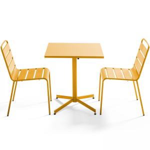 Ensemble table de terrasse carrée et 2 chaises métal jaune