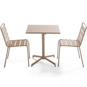 Ensemble table de terrasse carrée et 2 chaises métal taupe