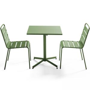 Ensemble table de terrasse carrée et 2 chaises métal vert c…