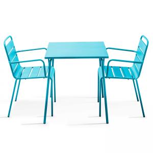 Ensemble table de terrasse carrée et 2 fauteuils acier bleu