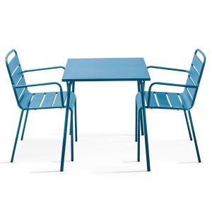 Ensemble table de terrasse carrée et 2 fauteuils acier bleu…