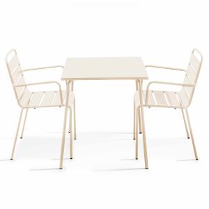 Ensemble table de terrasse carrée et 2 fauteuils acier ivoi…