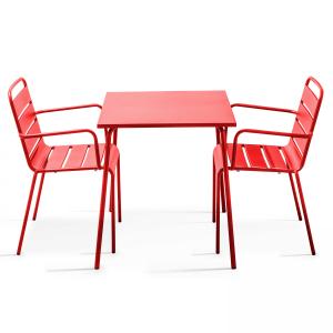 Ensemble table de terrasse carrée et 2 fauteuils acier roug…