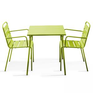 Ensemble table de terrasse carrée et 2 fauteuils acier vert