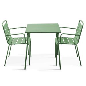 Ensemble table de terrasse carrée et 2 fauteuils acier vert…