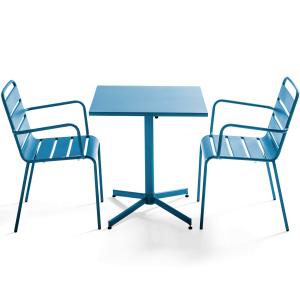 Ensemble table de terrasse carrée et 2 fauteuils métal bleu…