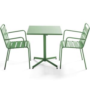 Ensemble table de terrasse carrée et 2 fauteuils métal vert…