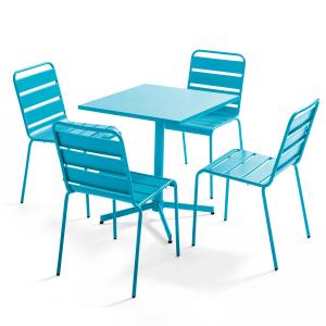 Ensemble table de terrasse carrée et 4 chaises bleu