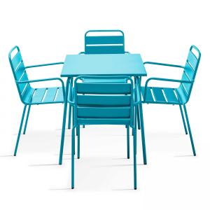 Ensemble table de terrasse carrée et 4 fauteuils acier bleu