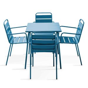 Ensemble table de terrasse carrée et 4 fauteuils acier bleu…